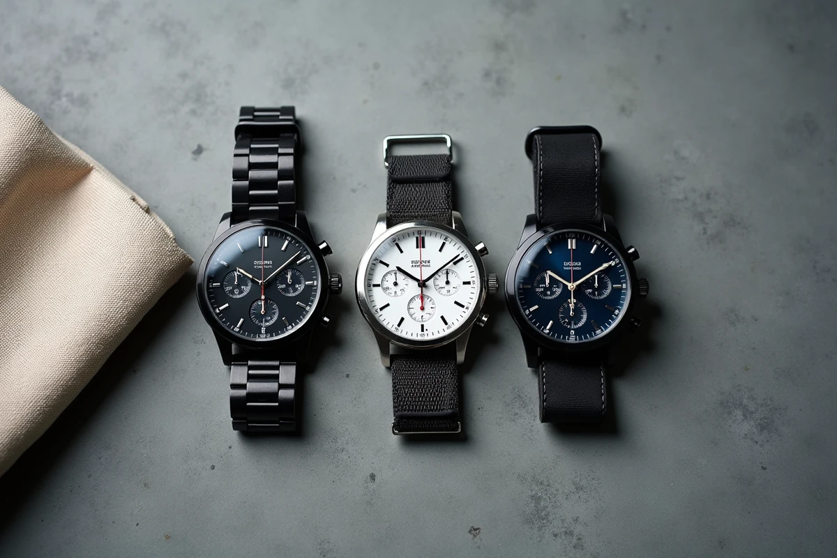 Comparatif de trois montres chronographes de sport posées sur béton gris, alternatives à la Rolex Daytona