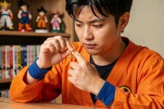 Cosplayeur Dragon Ball en tenue orange tenant des boucles d'oreilles Potara dorées pour un cosplay fidèle