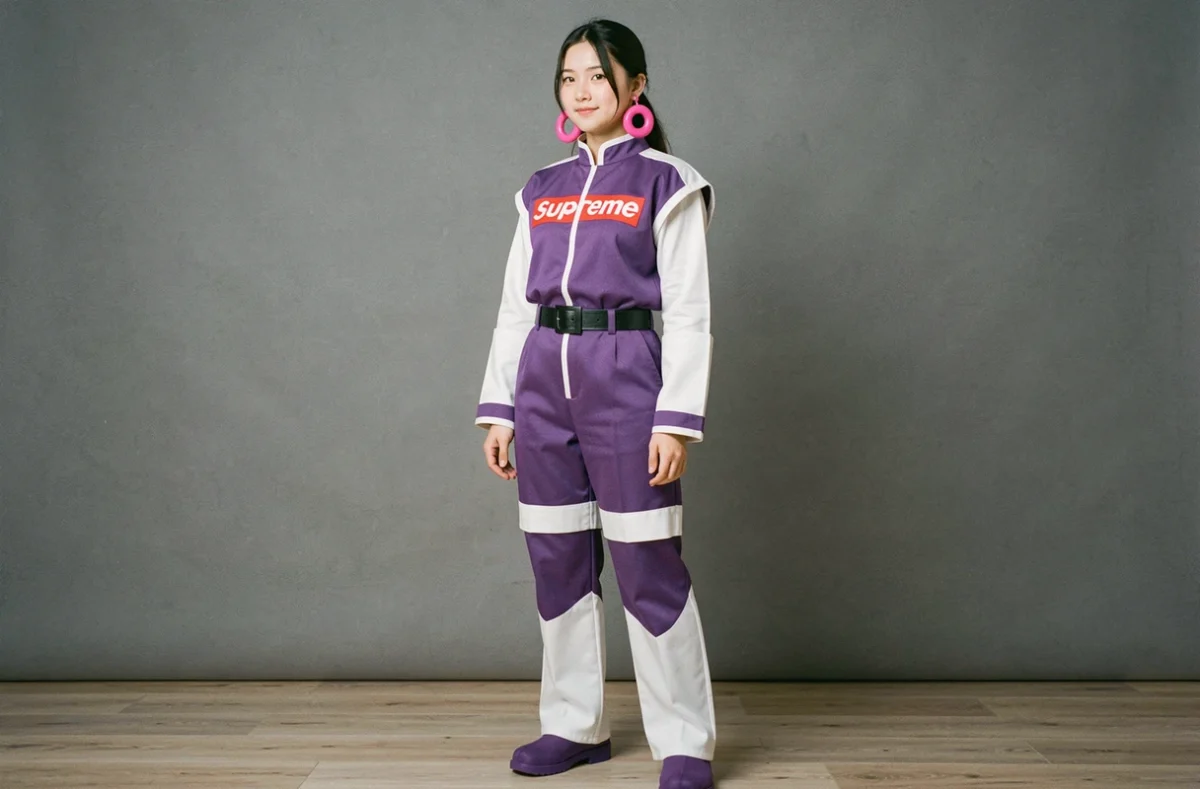 Cosplayeuse en costume de Supreme Kai avec boucles d'oreilles Potara roses pour un cosplay Dragon Ball authentique