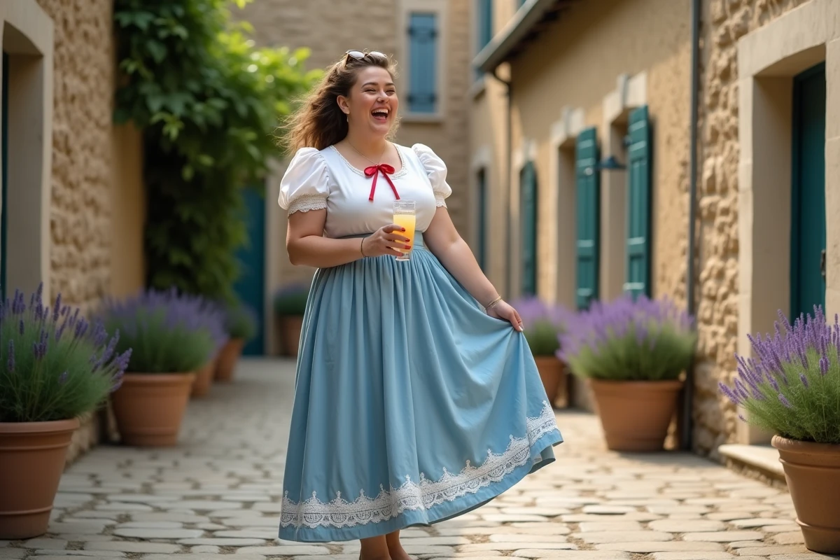 Femme ronde en costume guinguette années 50 jupe bleue et chemisier blanc riant sur une terrasse pavée de village français