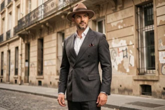 Homme en costume double boutonnage années 30 avec bretelles et chapeau fedora dans une rue pavée parisienne