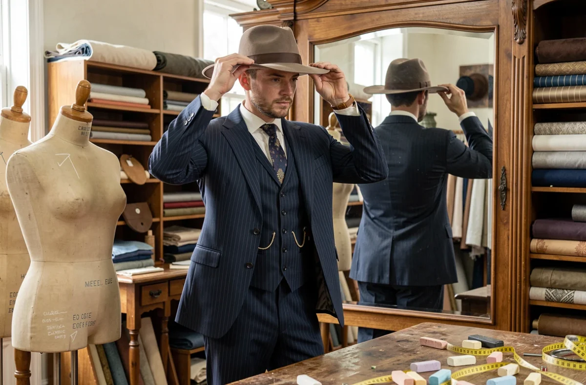 Homme en costume trois pièces à rayures et chapeau feutre dans un atelier de couture style années 30