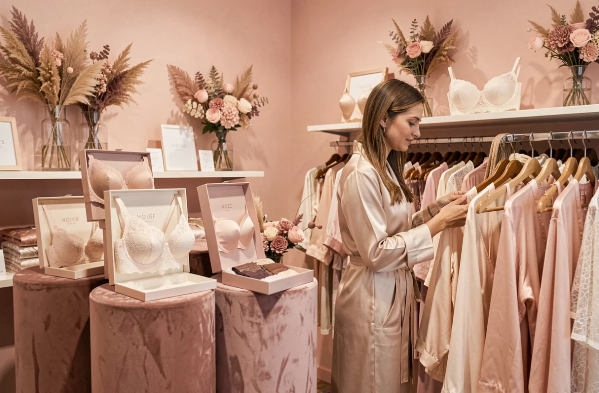 Boutique Côté Coeur à Metz spécialisée en lingerie fine avec des présentoirs en velours et dentelle délicate