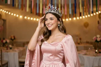 Jeune femme en robe de princesse rose portant une couronne lumineuse scintillante lors d'une soirée déguisée