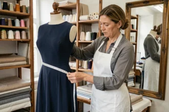 Couturière professionnelle à Reims épinglant l'ourlet d'une robe sur un mannequin dans un atelier de retouche artisanal