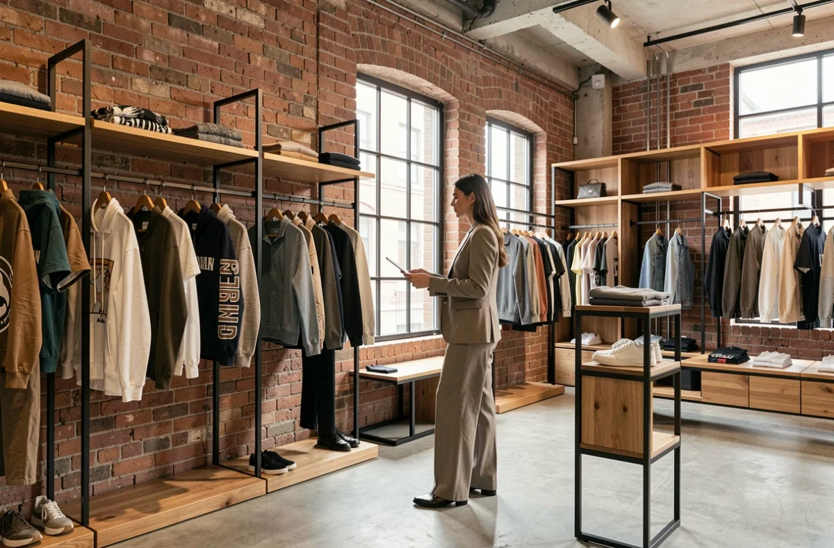 Intérieur du Dallas Concept Store Gambetta à Metz avec des vêtements tendance sur des portants industriels