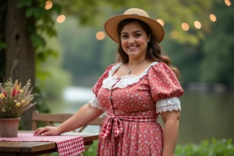 Femme grande taille en déguisement guinguette robe fleurie rouge et blanche près d'une table de bistro en bois lors d'une fête champêtre