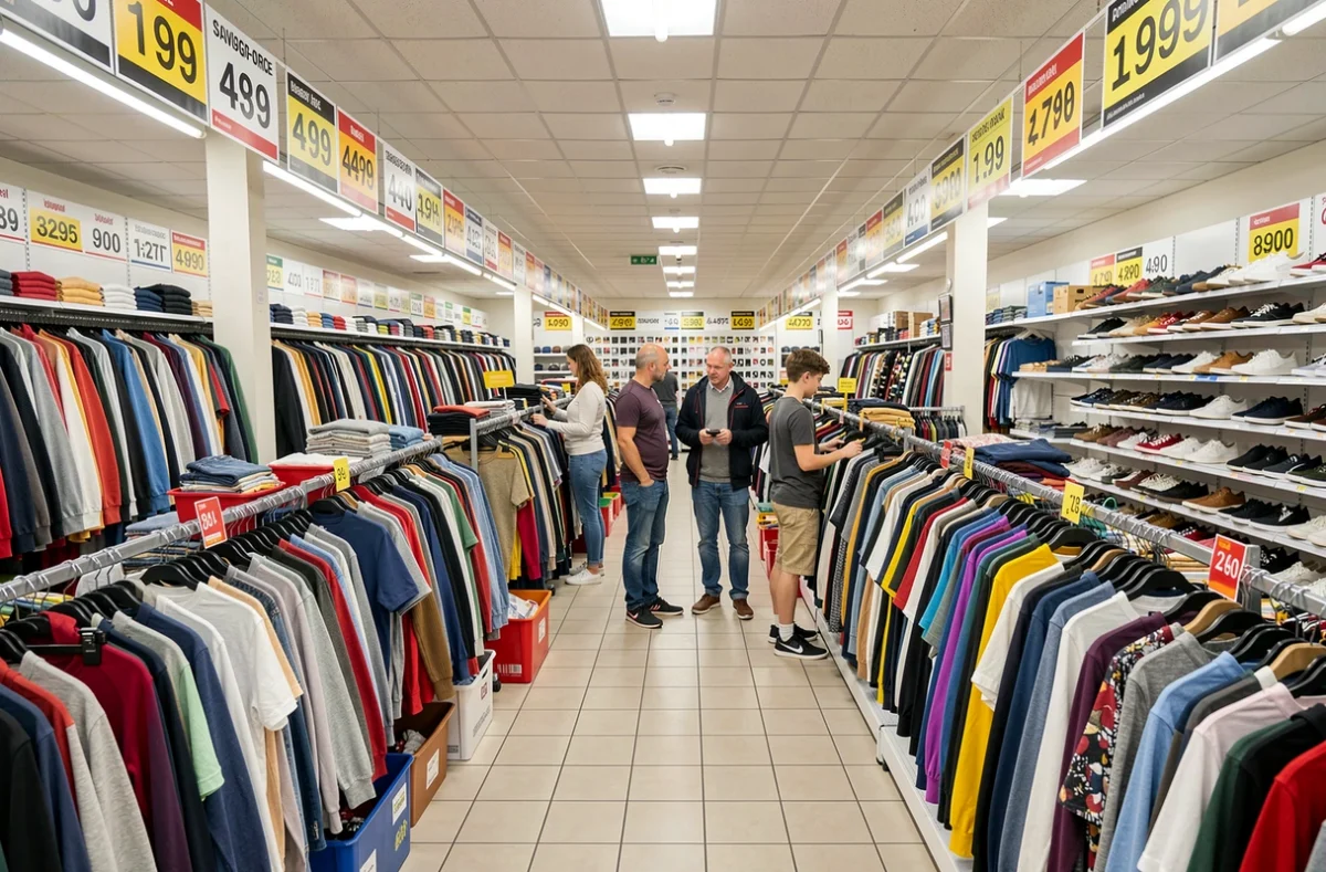 Destock Center de Savigny-sur-Orge avec ses larges allées de vêtements de seconde main à prix réduits