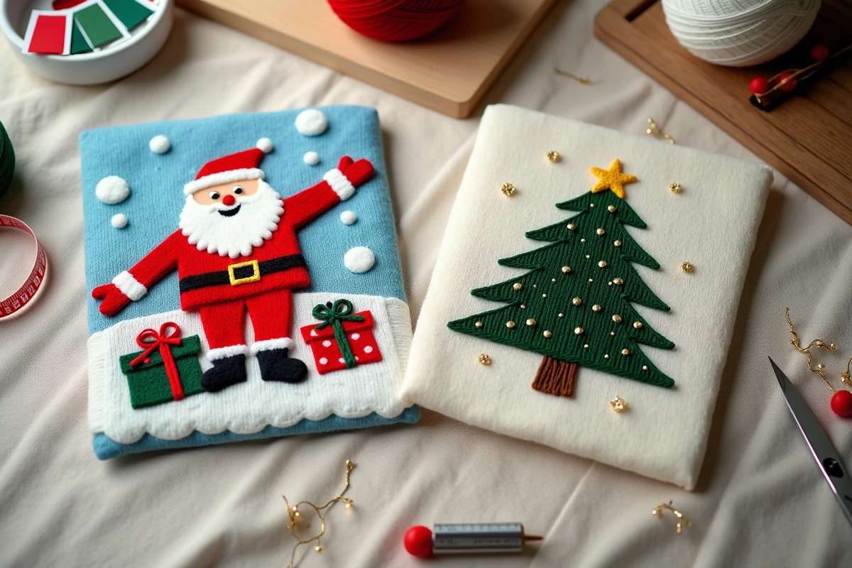 Gros plan comparatif d'un pull de Noël avec finition impression numérique et d'un pull brodé à plat sur tissu lin