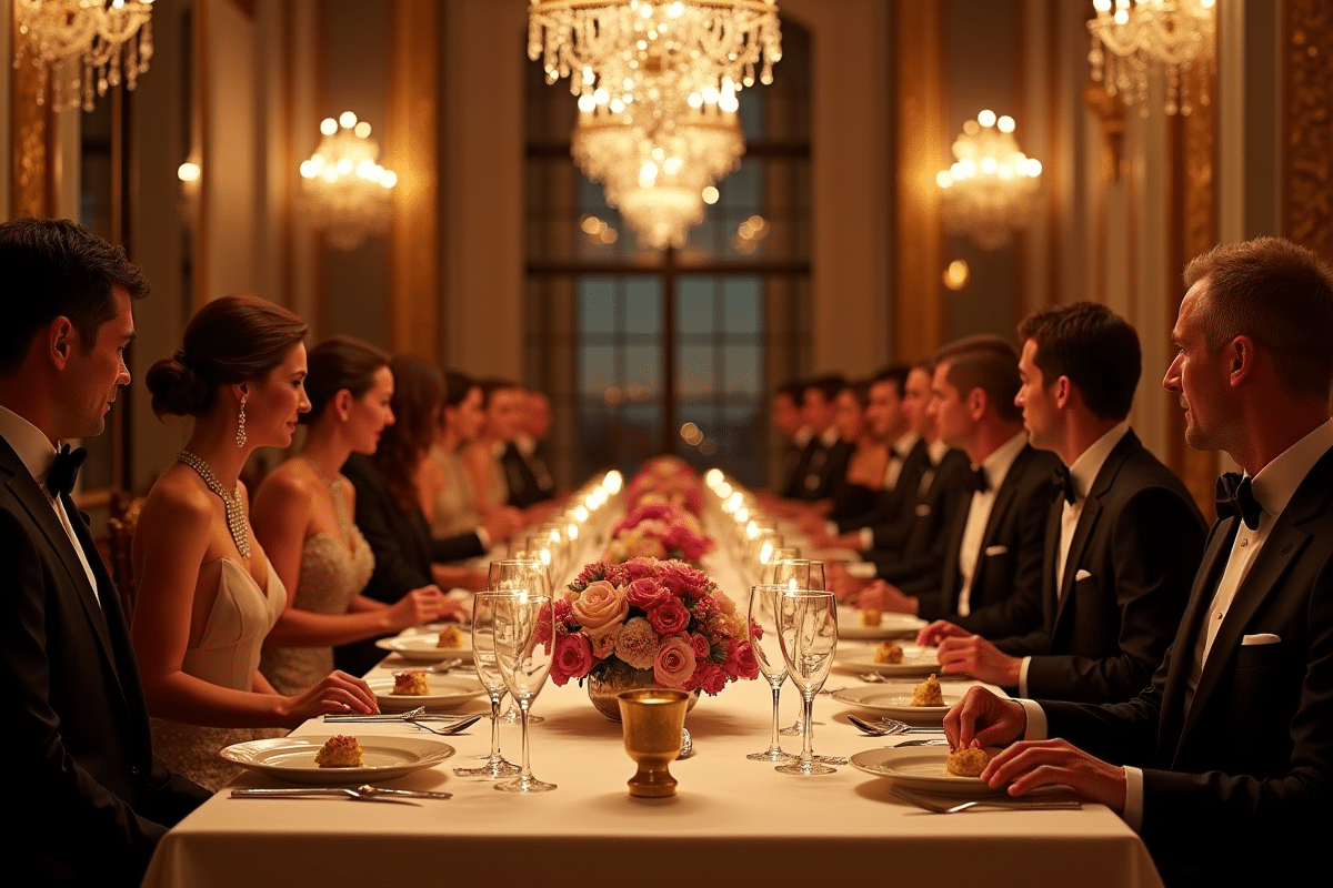 Diner de gala dans un palais vénitien avec invités en tenue formelle