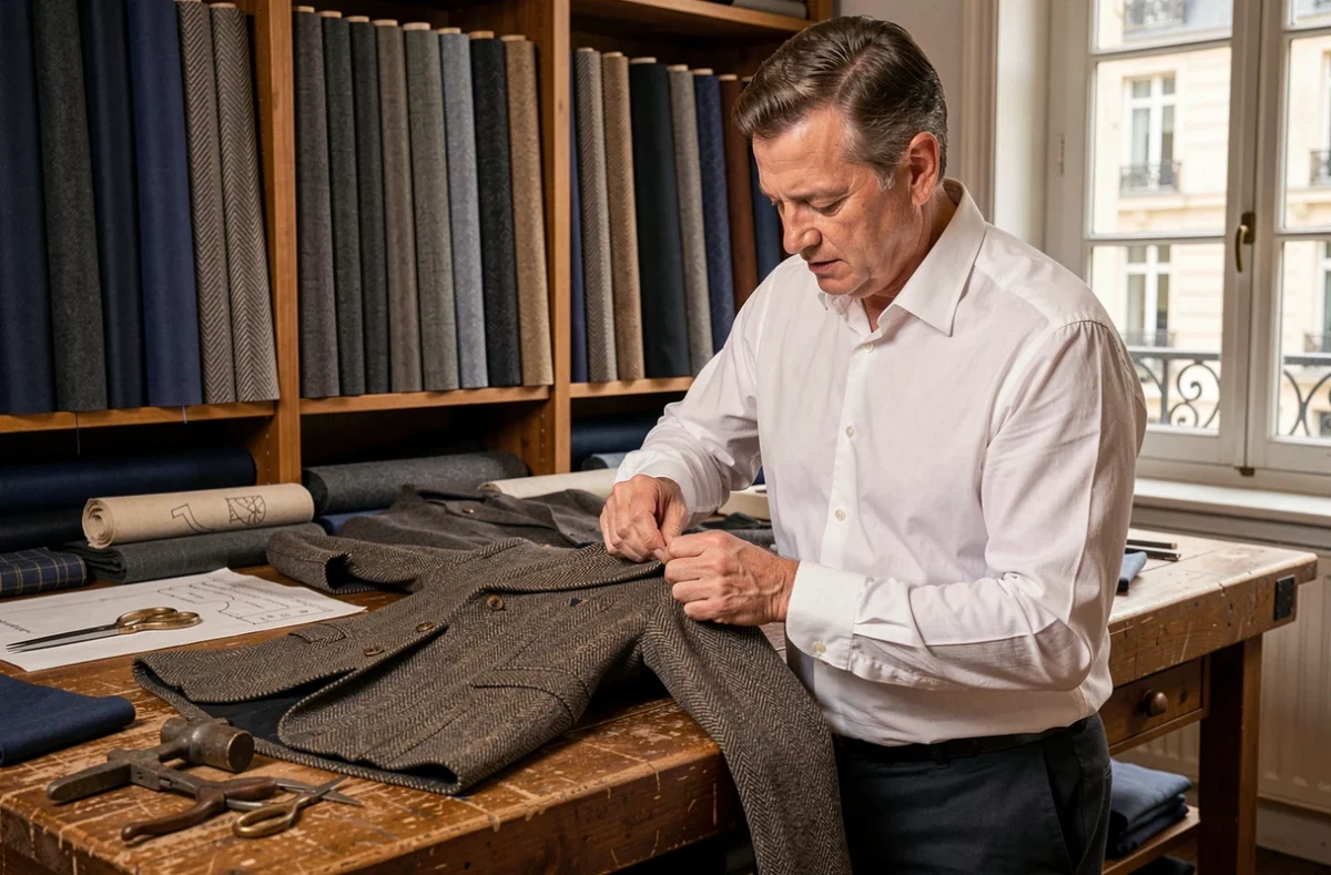 Atelier Djany à Metz avec un tailleur expérimenté confectionnant un costume sur mesure à la main