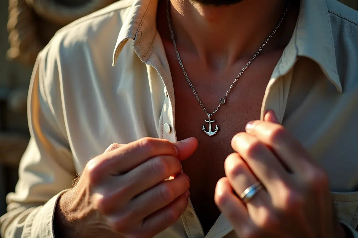 Mains ajustant un pendentif ancre en argent sur un collier minimaliste