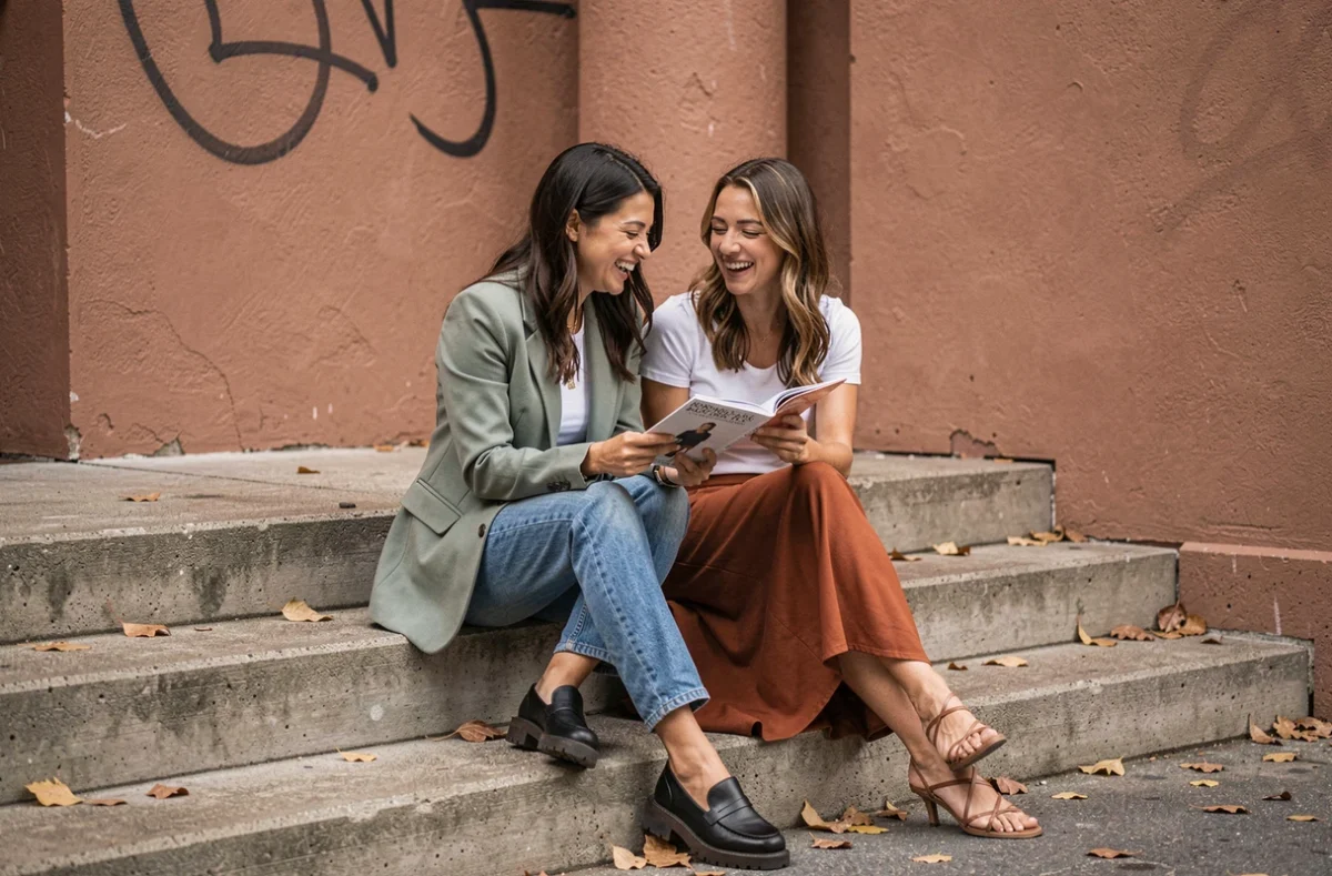 Deux femmes tendance assises sur des marches urbaines, feuilletant un magazine de mode ensemble, tenues complémentaires en vert sauge et jupe midi rouille, ambiance éditoriale contemporaine
