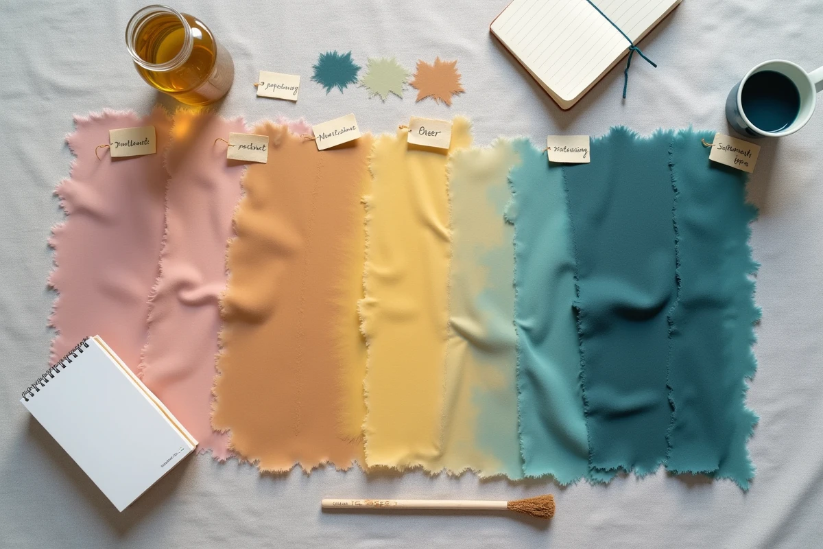 Pose à plat de swatches de tissu polyester teintés en différentes couleurs avec accessoires de teinture textile et carnet de notes