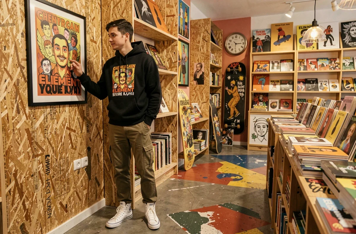 Jeune homme admirant une affiche artistique dans le concept store streetwear et skate Élément Store à Lyon