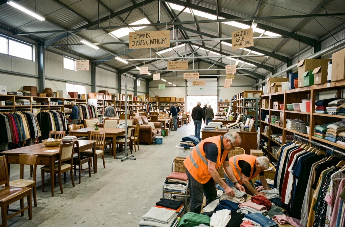 Emmaüs Essonne avec ses grandes allées de meubles et vêtements donnés triés par des bénévoles en gilet orange
