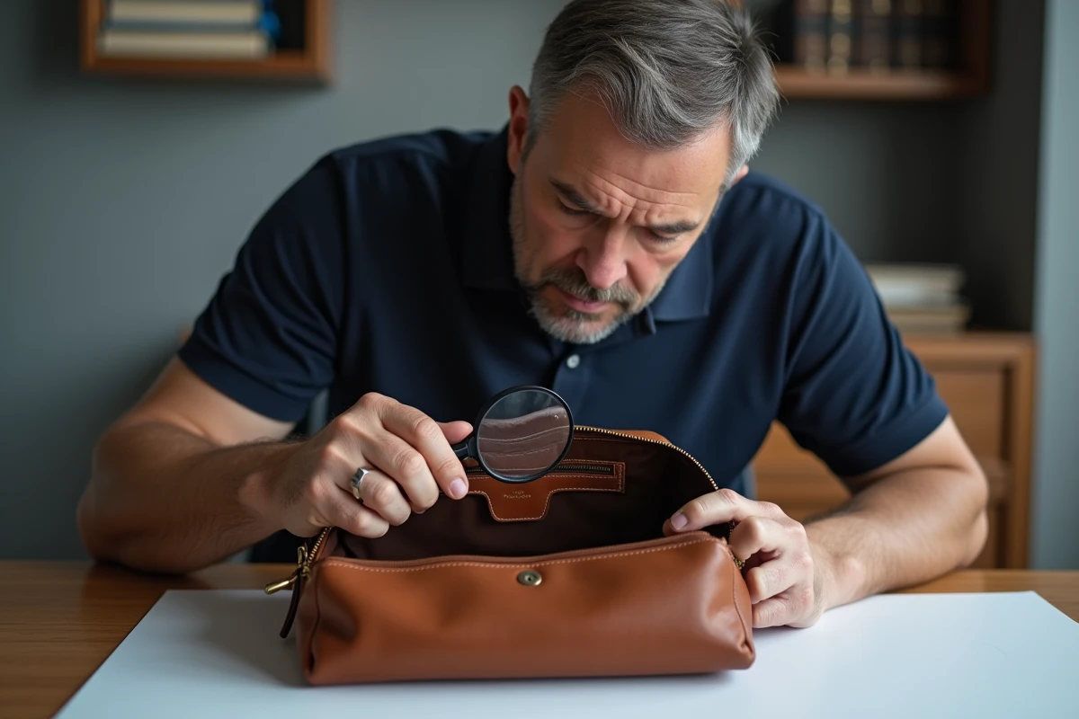 Expert en authentification examinant à la loupe le label intérieur et les coutures d'un sac en cuir de luxe
