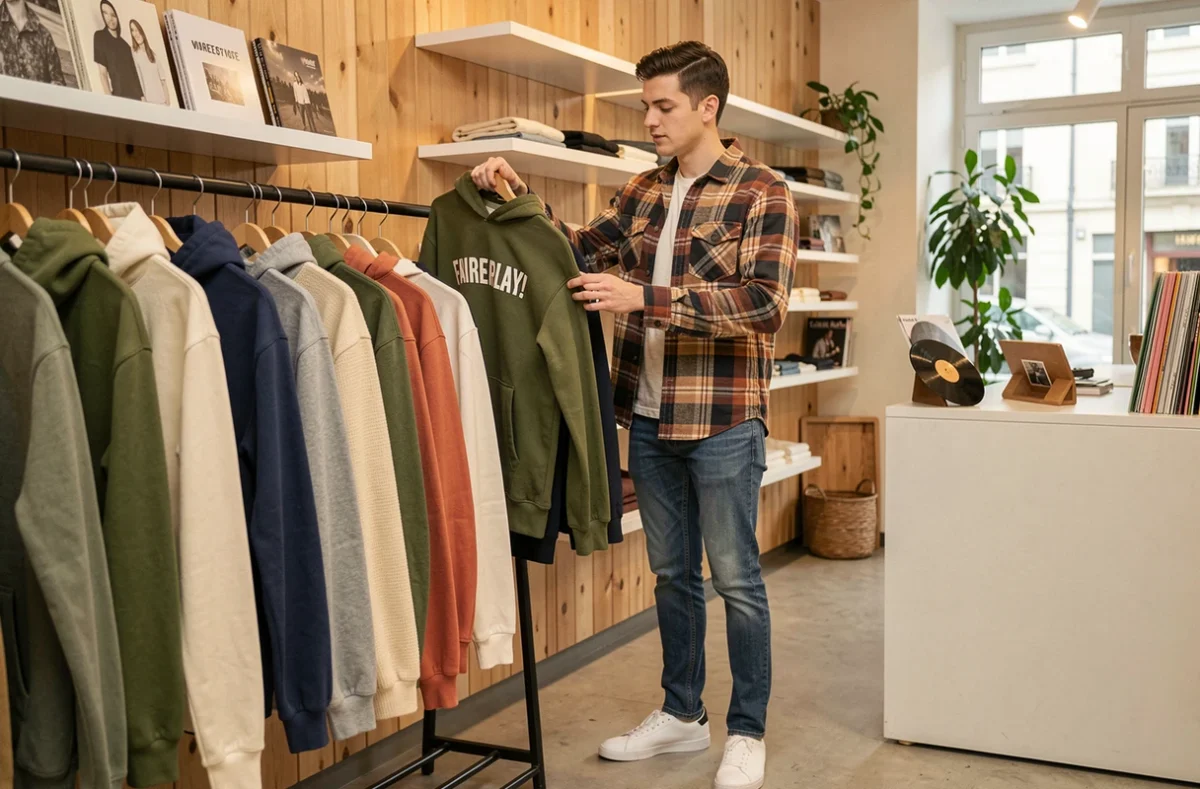 Jeune homme évaluant un sweat-shirt de marque indépendante dans la boutique Faireplay! à Clermont-Ferrand