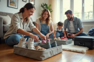 Famille en train de ranger des chaussures dans un sac organiseur de voyage avant un départ en vacances