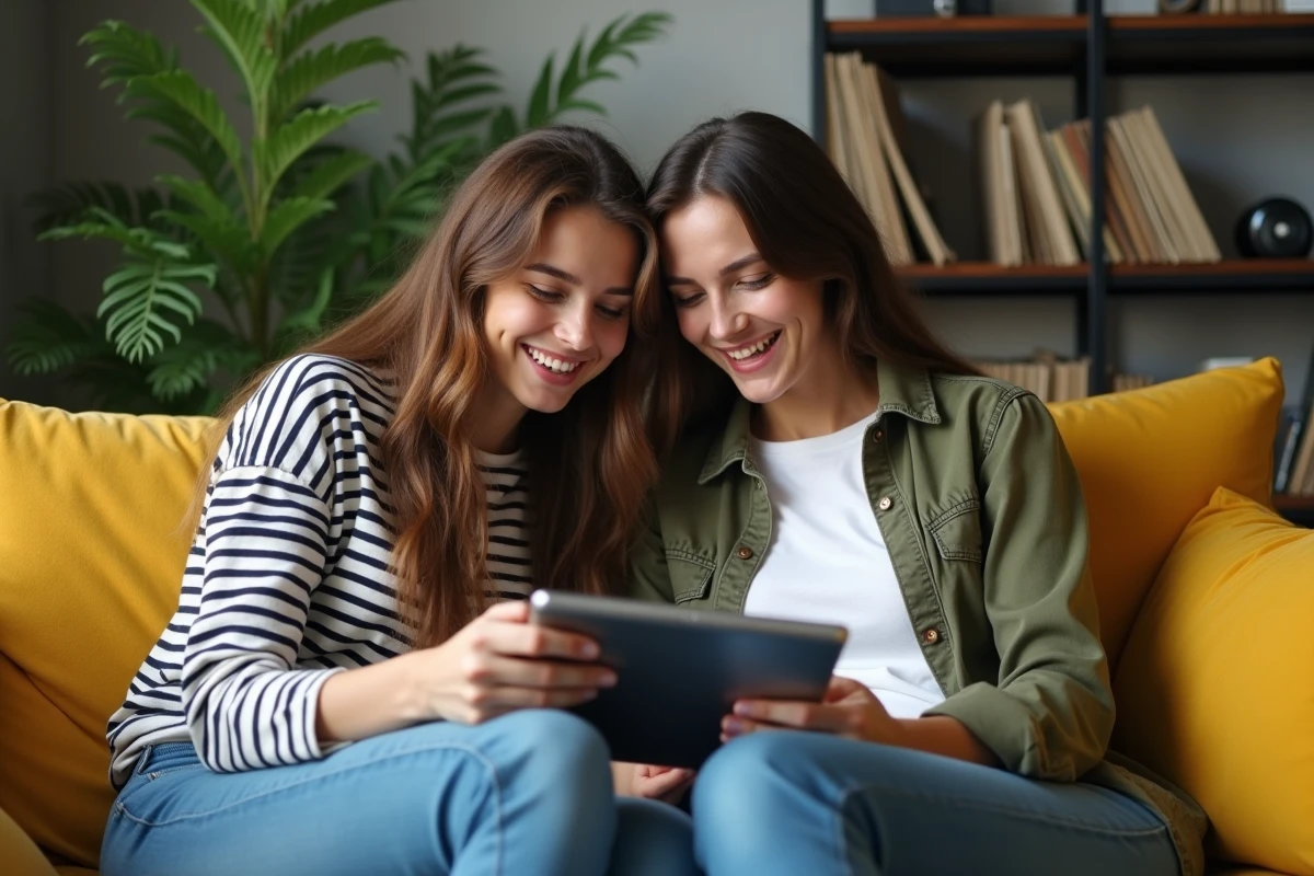Deux fans francophones partageant des contenus du site fan Suki Waterhouse sur une tablette dans un salon moderne et décontracté