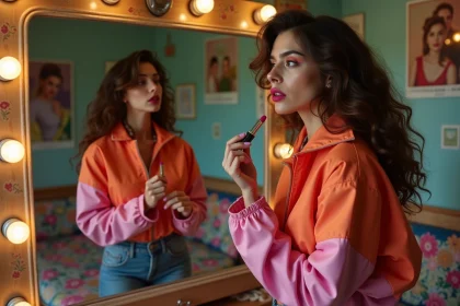 Jeune femme appliquant du lipstick magenta dans un décor rétro