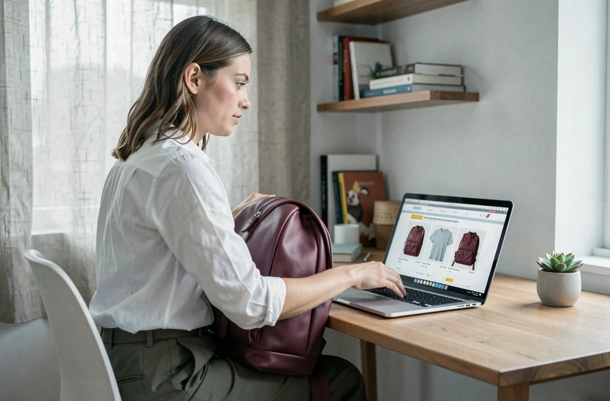 Femme vérifiant les critères d'un sac à dos cuir rouge sur un site e-commerce depuis son bureau