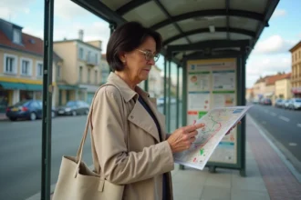 Femme consultant un plan de transport en commun à un arrêt de bus à Givors, France