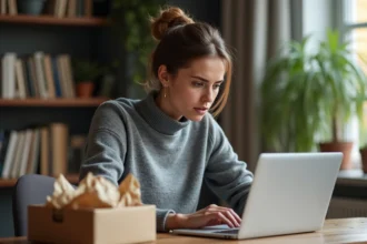 Femme consultant un avis client sur son ordinateur portable entourée de colis ouverts, illustrant une expérience d'achat en ligne et la vérification de la fiabilité d'une boutique