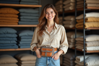 Femme souriante portant sac en toile colorée dans boutique