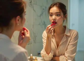 Femme appliquant du rouge à lèvres dans une salle de bain moderne