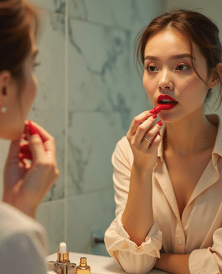 Meilleure couleur rouge à lèvres : Comment bien la choisir ? Femme appliquant du rouge à lèvres dans une salle de bain moderne