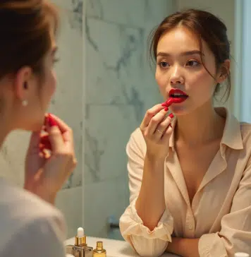 Femme appliquant du rouge à lèvres dans une salle de bain moderne