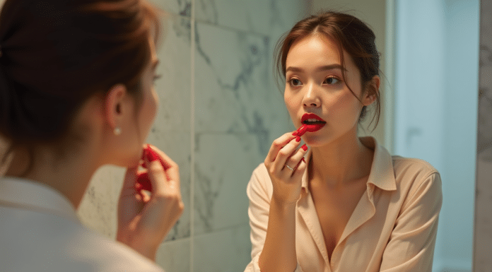 Meilleure couleur rouge à lèvres : Comment bien la choisir ? Femme appliquant du rouge à lèvres dans une salle de bain moderne