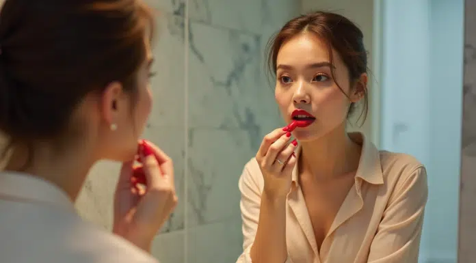 Meilleure couleur rouge à lèvres : Comment bien la choisir ? Femme appliquant du rouge à lèvres dans une salle de bain moderne
