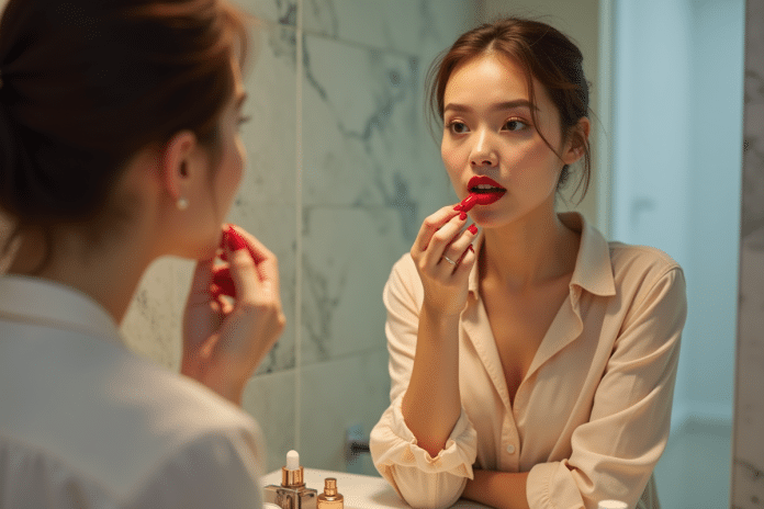 Femme appliquant du rouge à lèvres dans une salle de bain moderne