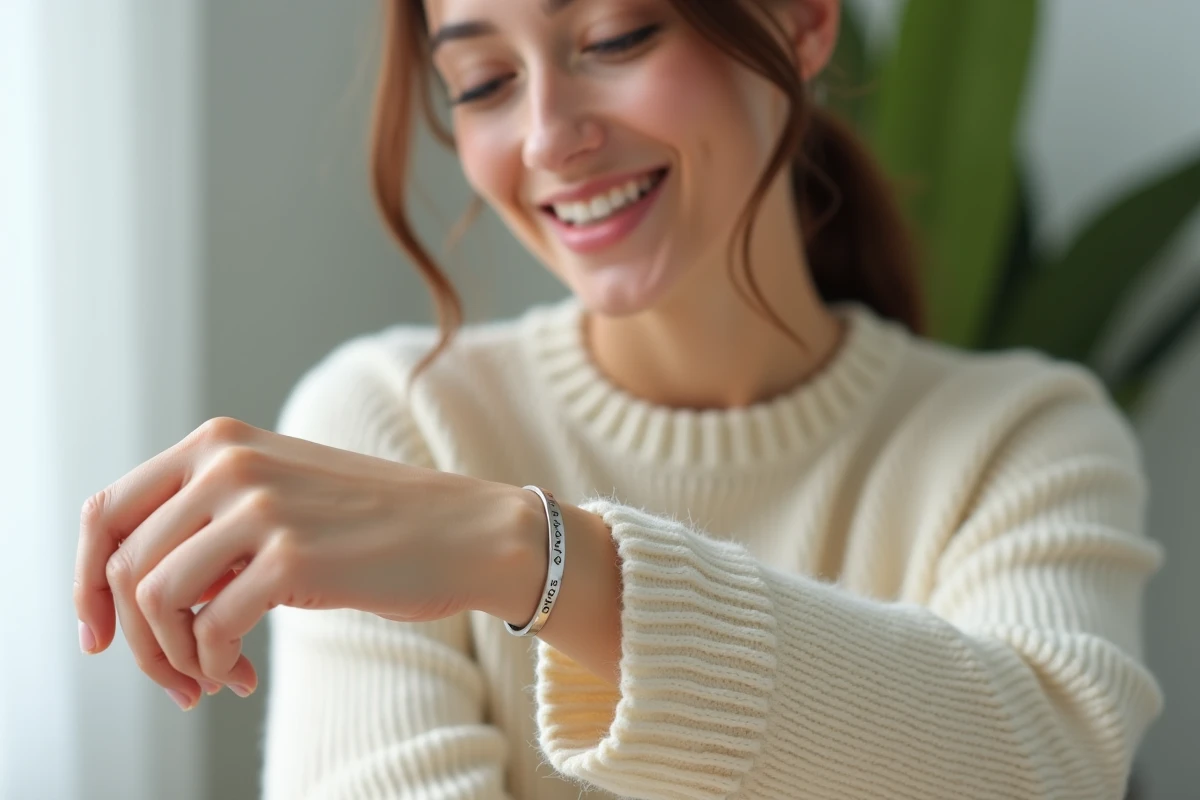 Jeune femme souriant en regardant son bracelet en argent gravé d'un prénom porté au poignet, ambiance minimaliste et intime pour un talisman de couple