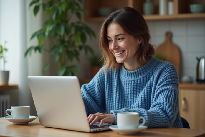 Jeune femme souriante utilisant un ordinateur portable à la maison