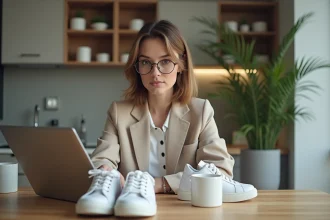 Femme en tenue décontractée regardant guide de pointure chaussures