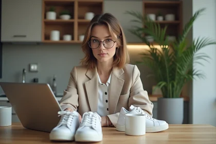 Femme en tenue décontractée regardant guide de pointure chaussures