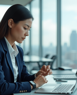 Montres connectées : qui domine le marché ? Analyse 2025 des leaders Jeune femme professionnelle vérifiant notifications sur smartwatch