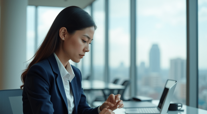 Montres connectées : qui domine le marché ? Analyse 2025 des leaders Jeune femme professionnelle vérifiant notifications sur smartwatch