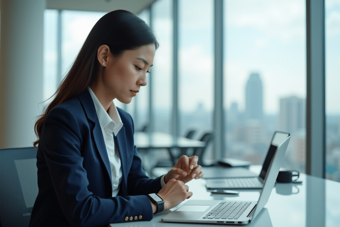 femme-bureau-smartwatch Jeune femme professionnelle vérifiant notifications sur smartwatch