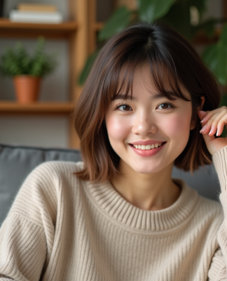 Sublimer un visage rond avec une coupe courte : nos astuces Femme souriante en pull beige dans un salon cosy