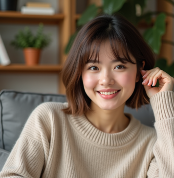 Sublimer un visage rond avec une coupe courte : nos astuces Femme souriante en pull beige dans un salon cosy