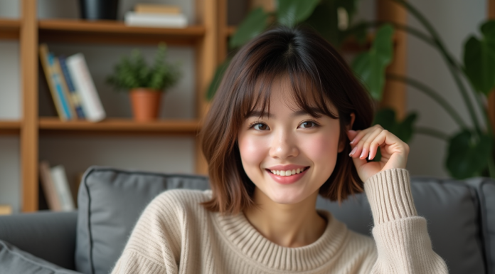 Sublimer un visage rond avec une coupe courte : nos astuces Femme souriante en pull beige dans un salon cosy