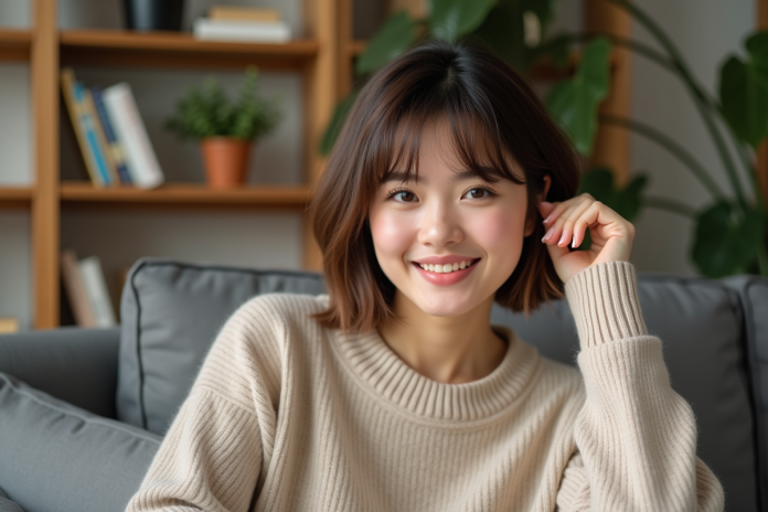 femme-cashmere-beige-salon Femme souriante en pull beige dans un salon cosy