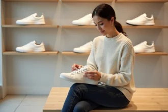 Jeune femme examinant une paire de chaussures Sursell dans une boutique moderne aux étagères blanches épurées