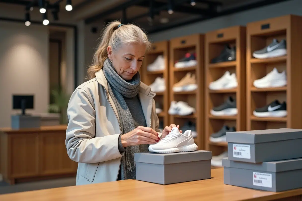 Femme examine des boîtes de sneakers dans un magasin moderne