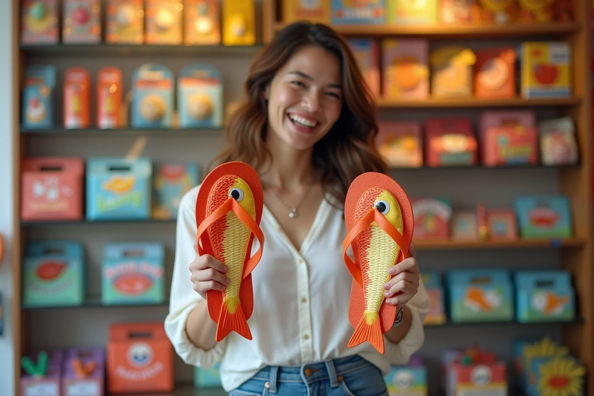 Jeune femme amusée tenant des claquettes originales en forme de poisson dans une boutique de cadeaux fantaisie