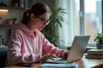 Femme concentrée sur son ordinateur portable dans un appartement moderne